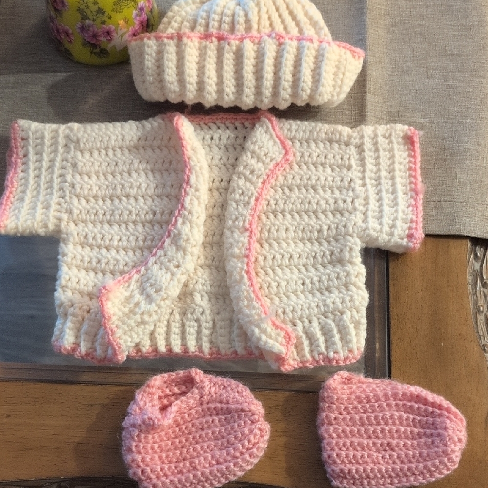 Handmade Baby Knit Set in White and Pink